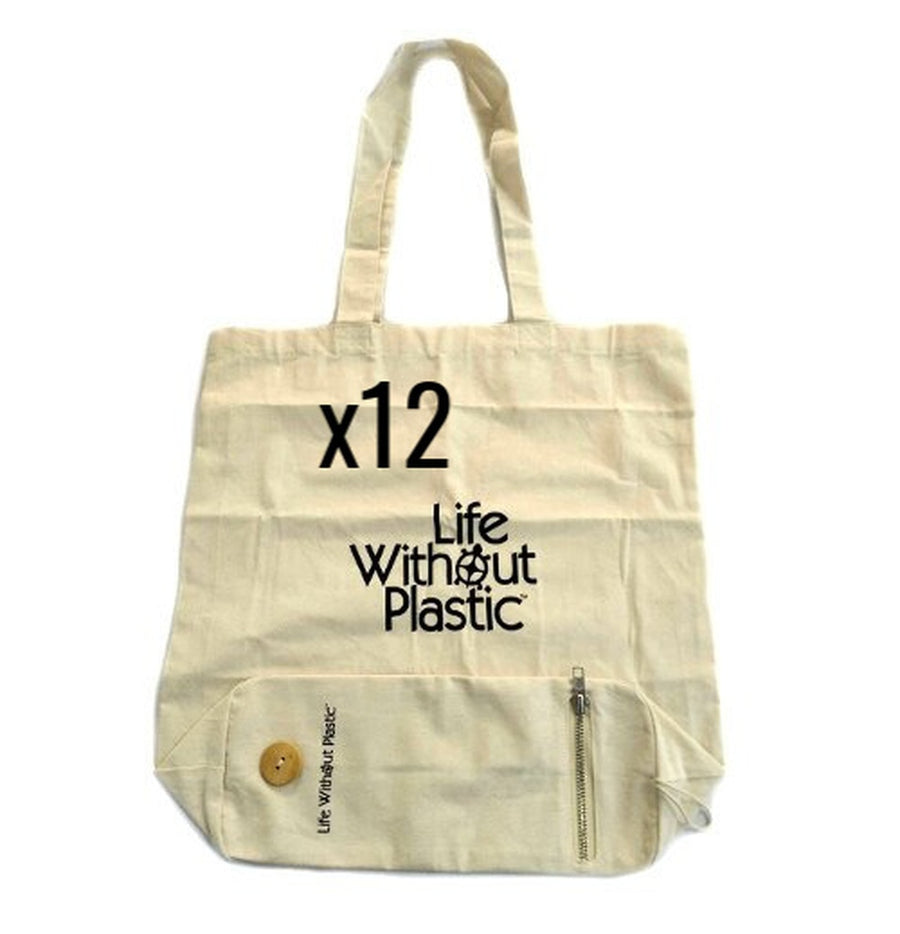 Case of 12 - Organic Cotton Flat-Bottom Compact Portable Shopping Bag - Wood Button Closure