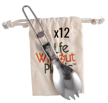 Case of 12 - Stainless Steel Folding Spork with Organic Cotton LWP Pouch