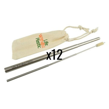 Case of 12 - Telescopic Stainless Steel Straw and Cleaner with Natural Bristles in a Cotton Carrying Pouch